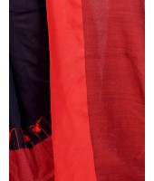 Red & Black Traditional Bengali Handloom Tant Pure Cotton Saree Pompom Desigined With Blouse Piece