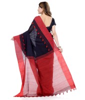 Red & Black Traditional Bengali Handloom Tant Pure Cotton Saree Pompom Desigined With Blouse Piece