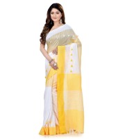 Women`s Traditional Bengali Handloom Tant Pure Cotton Saree Pompom Desigined With Blouse Piece (Yellow White)