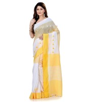 Women`s Traditional Bengali Handloom Tant Pure Cotton Saree Pompom Desigined With Blouse Piece (Yellow White)