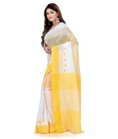 Women`s Traditional Bengali Handloom Tant Pure Cotton Saree Pompom Desigined With Blouse Piece (Yellow White)