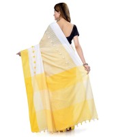 Women`s Traditional Bengali Handloom Tant Pure Cotton Saree Pompom Desigined With Blouse Piece (Yellow White)