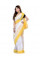 Women`s Traditional Bengali Handloom Tant Pure Cotton Saree Pompom Desigined With Blouse Piece (Yellow White)