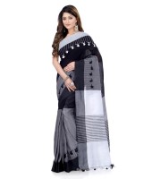 Traditional Khadi Bengali Handloom Tant Pure Cotton Saree Pom Pom Designed With Blouse Piece (Light Black Grey White)