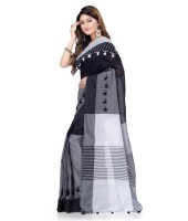 Traditional Khadi Bengali Handloom Tant Pure Cotton Saree Pom Pom Designed With Blouse Piece (Light Black Grey White)