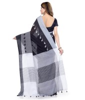 Traditional Khadi Bengali Handloom Tant Pure Cotton Saree Pom Pom Designed With Blouse Piece (Light Black Grey White)