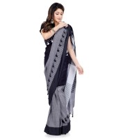 Traditional Khadi Bengali Handloom Tant Pure Cotton Saree Pom Pom Designed With Blouse Piece (Light Black Grey White)