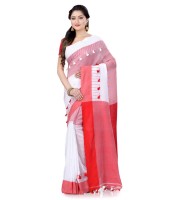 Traditional Bengali Handloom Tant Pure Cotton Saree Pompom Designed With Blouse Piece (Red White)