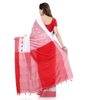 Traditional Bengali Handloom Tant Pure Cotton Saree Pompom Designed With Blouse Piece (Red White)