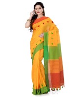 Women`s Traditional Bengali Handloom Tant Pure Cotton Saree with Pom Pom lace Designed With Blouse Piece (Green Yellow Red)