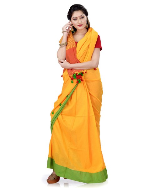 Women`s Traditional Bengali Handloom Tant Pure Cotton Saree with Pom Pom lace Designed With Blouse Piece (Green Yellow Red)