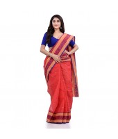 DESH BIDESH Women`s Traditional Tant Pure Cotton Handloom Saree Woven Sudarshana Designer Without Blouse Piece Red