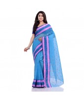 Women`s Traditional Tant Pure Cotton Handloom Blue Saree Woven Sudarshana Designer Without Blouse Piece