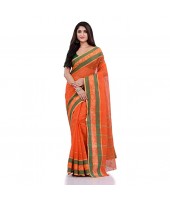 DESH BIDESH Women`s Traditional Tant Pure Cotton Handloom Saree Woven Sudarshana Designer Without Blouse Piece (Orange & Green)