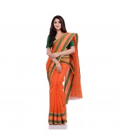 DESH BIDESH Women`s Traditional Tant Pure Cotton Handloom Saree Woven Sudarshana Designer Without Blouse Piece (Orange & Green)