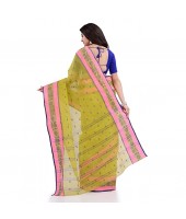 DESH BIDESH Women`s Traditional Tant Pure Cotton Handloom Saree Woven Sudarshana Designer Without Blouse Piece (Yellow & Pink)