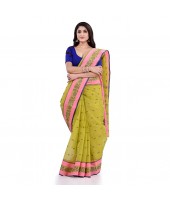 DESH BIDESH Women`s Traditional Tant Pure Cotton Handloom Saree Woven Sudarshana Designer Without Blouse Piece (Yellow & Pink)