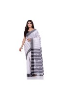 DESH BIDESH Women`s Traditional Bengali Tant Handloom Pure Cotton Saree Piramide Design With Blouse Piece(White Black)