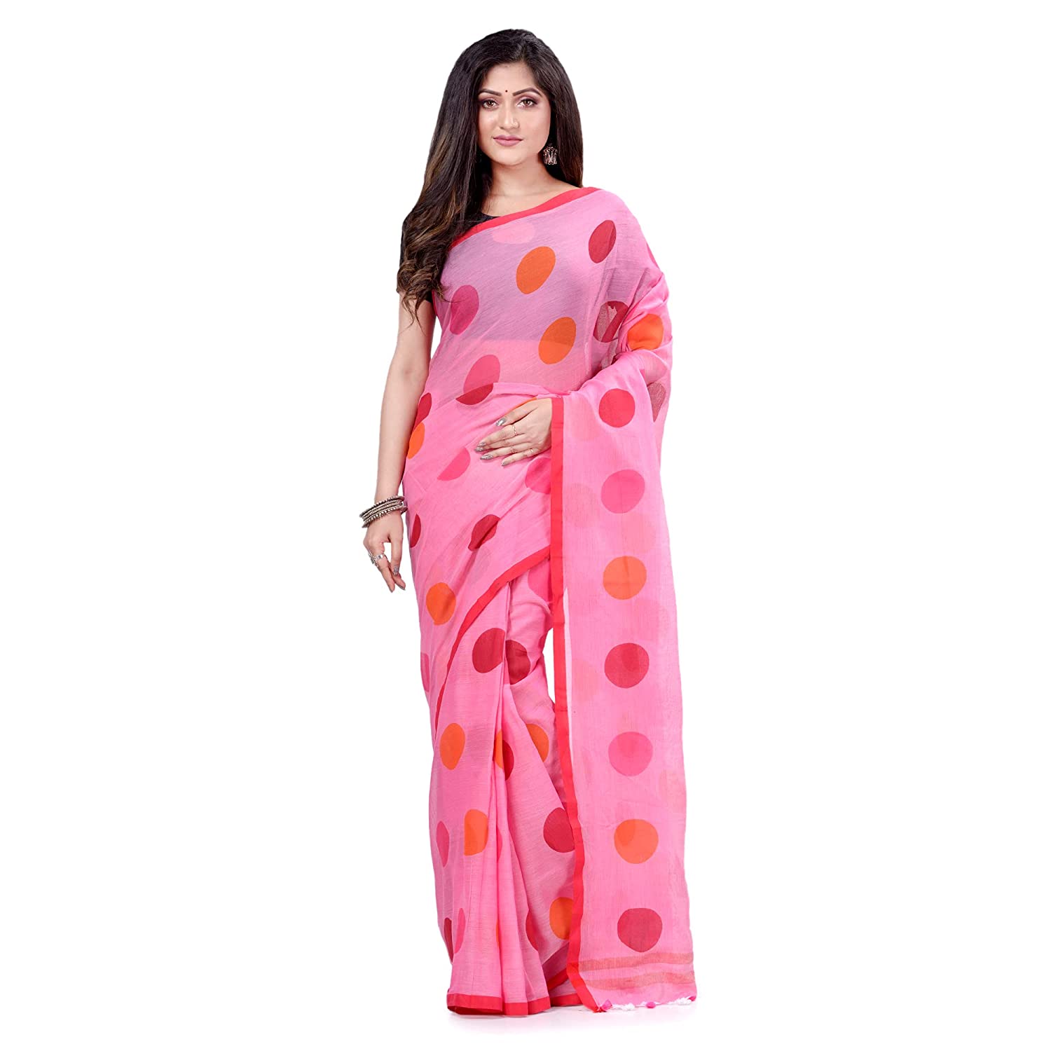 dB DESH BIDESH Women`s Moon Folka Design Malmal Bengal Handloom Pure Cotton Saree Without Blouse Piece Tussar Pink Red