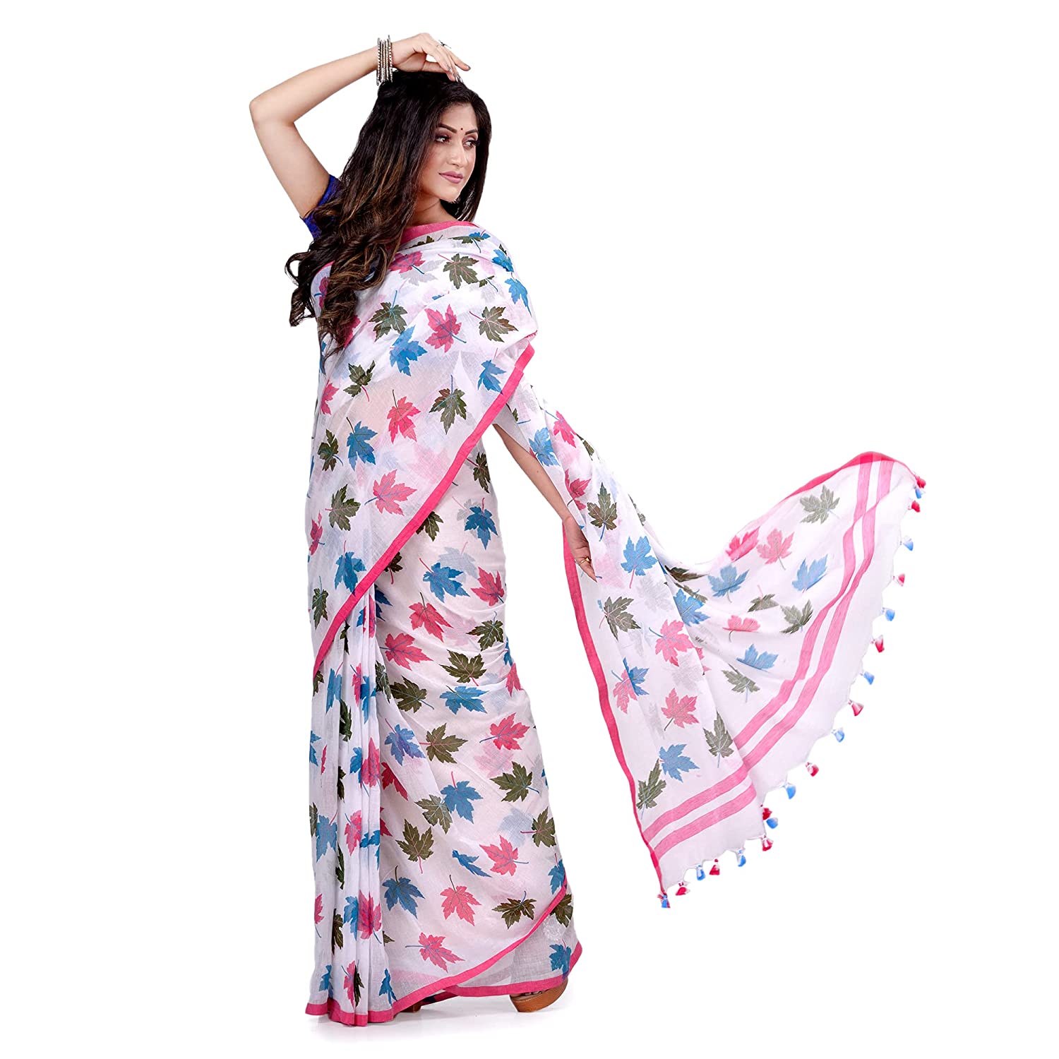 dB DESH BIDESH Women`s Traditional Soft Mulmul Maple Leaf Design Bengal Handloom Pure Cotton Saree Without Blouse Piece Blue Green Pink