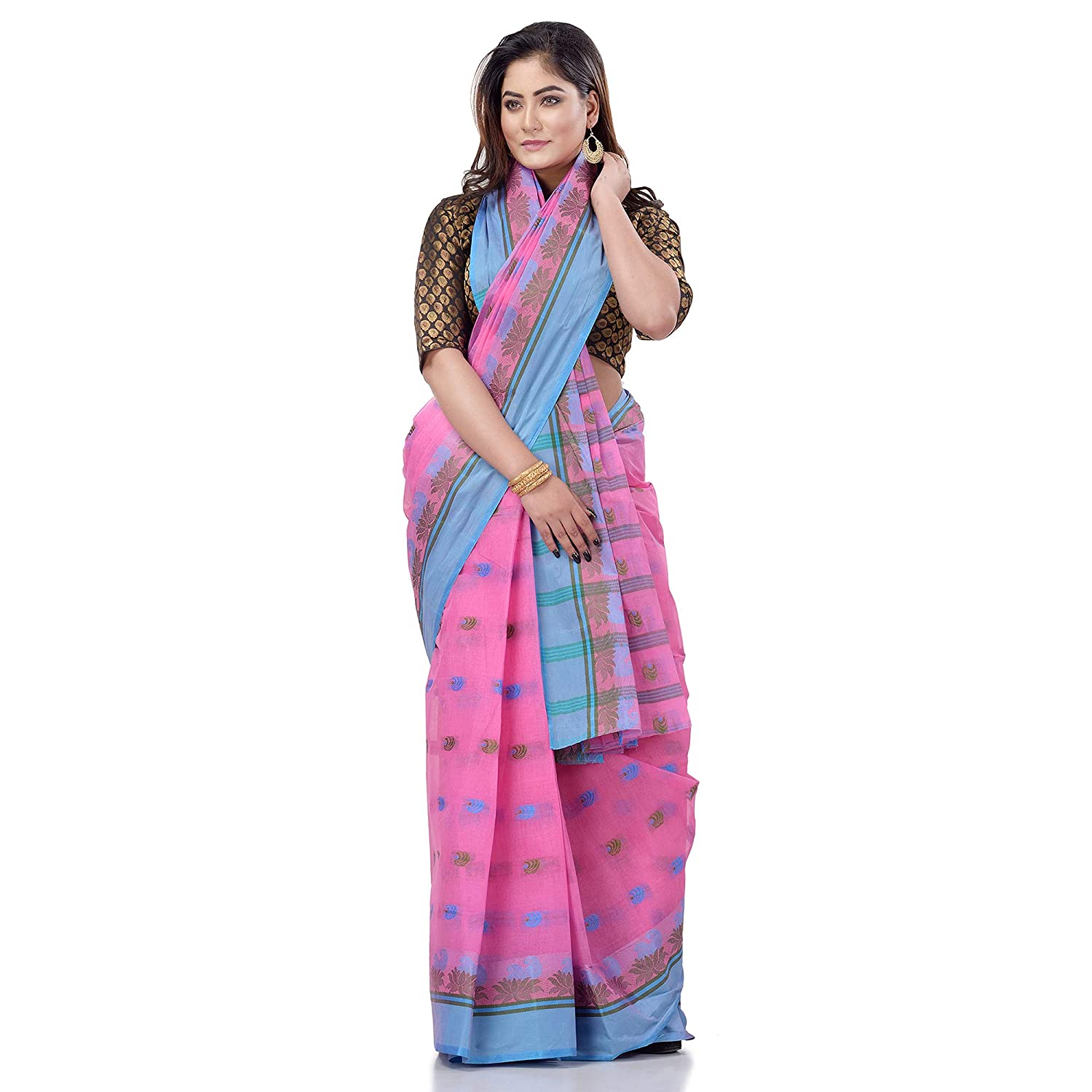 Women Blue & Pink Traditional saree of bengal cotton without