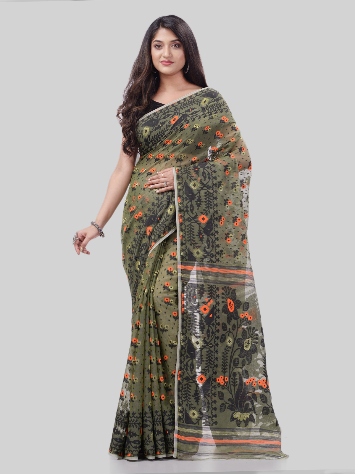 Sea Green Color Body With Silver Lace Dhakai Jamdani Saree With Blouse Piece