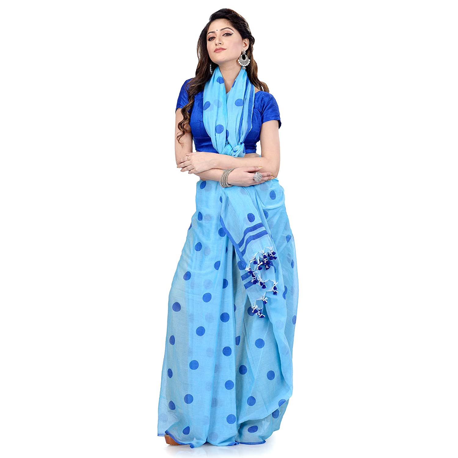 dB DESH BIDESH Women`s Traditional Soft Mulmul Bengal Handloom Pure Cotton Saree Without Blouse Piece (Sky Blue Deep Blue)