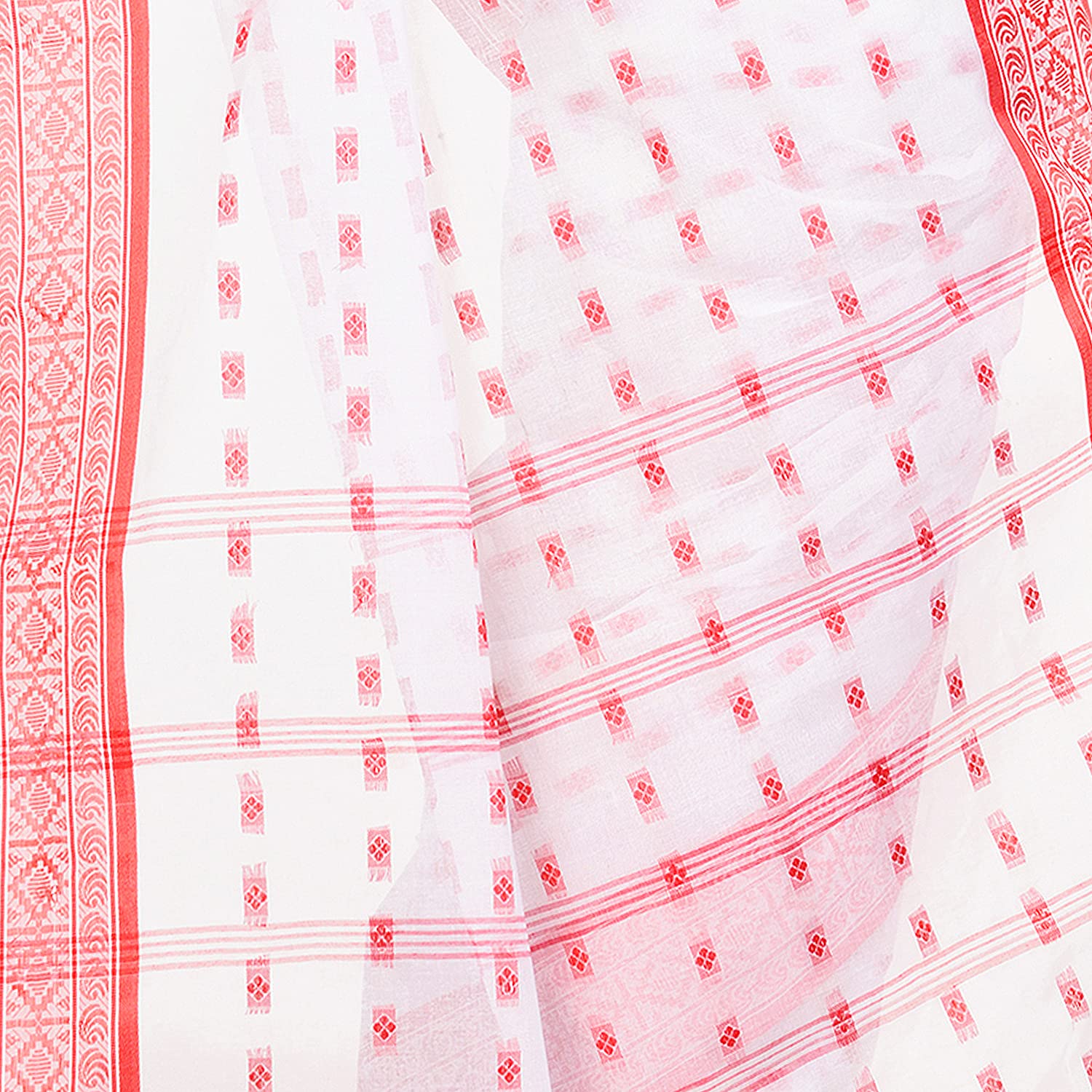 Women`s Traditional Bengal Tant Woven Lal Paar Sada Design Pure Handloom  Cotton Saree Without Blouse