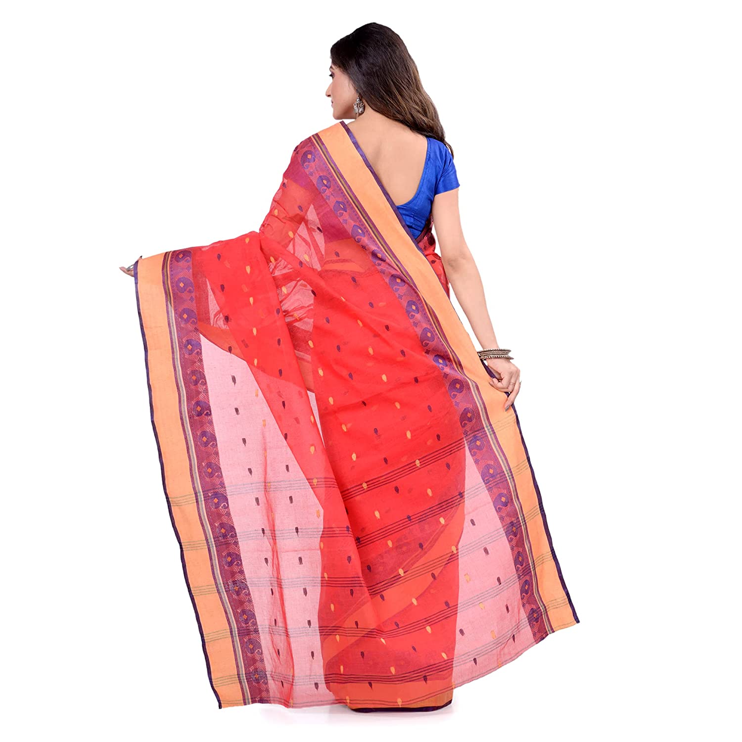 dB DESH BIDESH Women`s Traditional Bengal Tant Woven Minakari Kolka Design  Pure Handloom Cotton Saree Without Blouse Piece