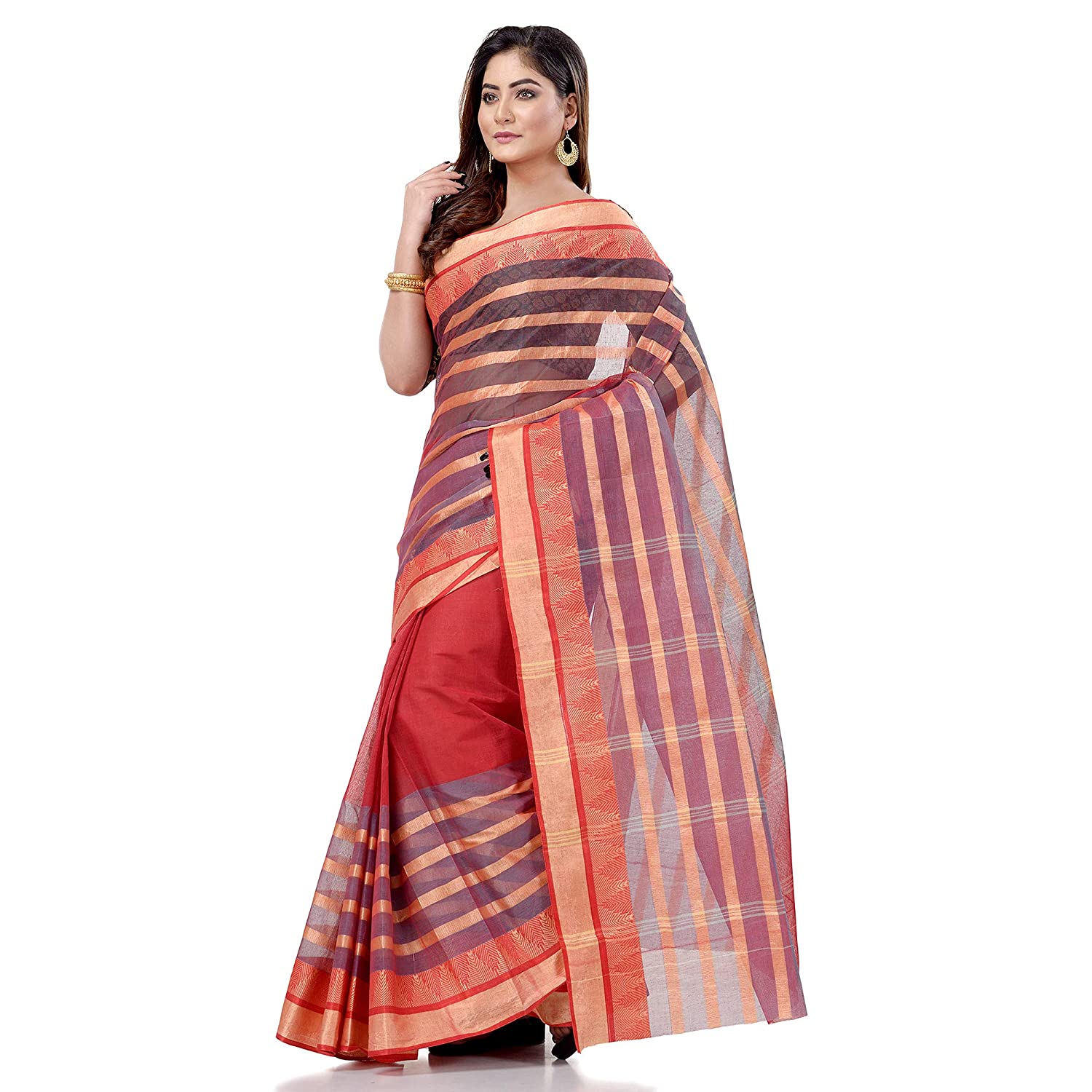 Women Blue & Pink Traditional saree of bengal cotton without