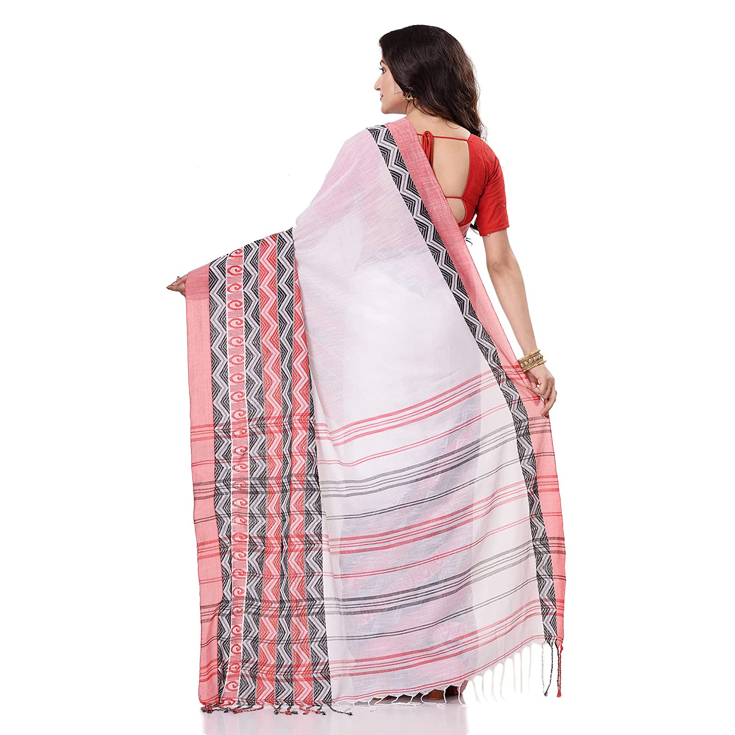 Red White Khadi Cotton Saree With Blouse-bengal Handloom Begampuri