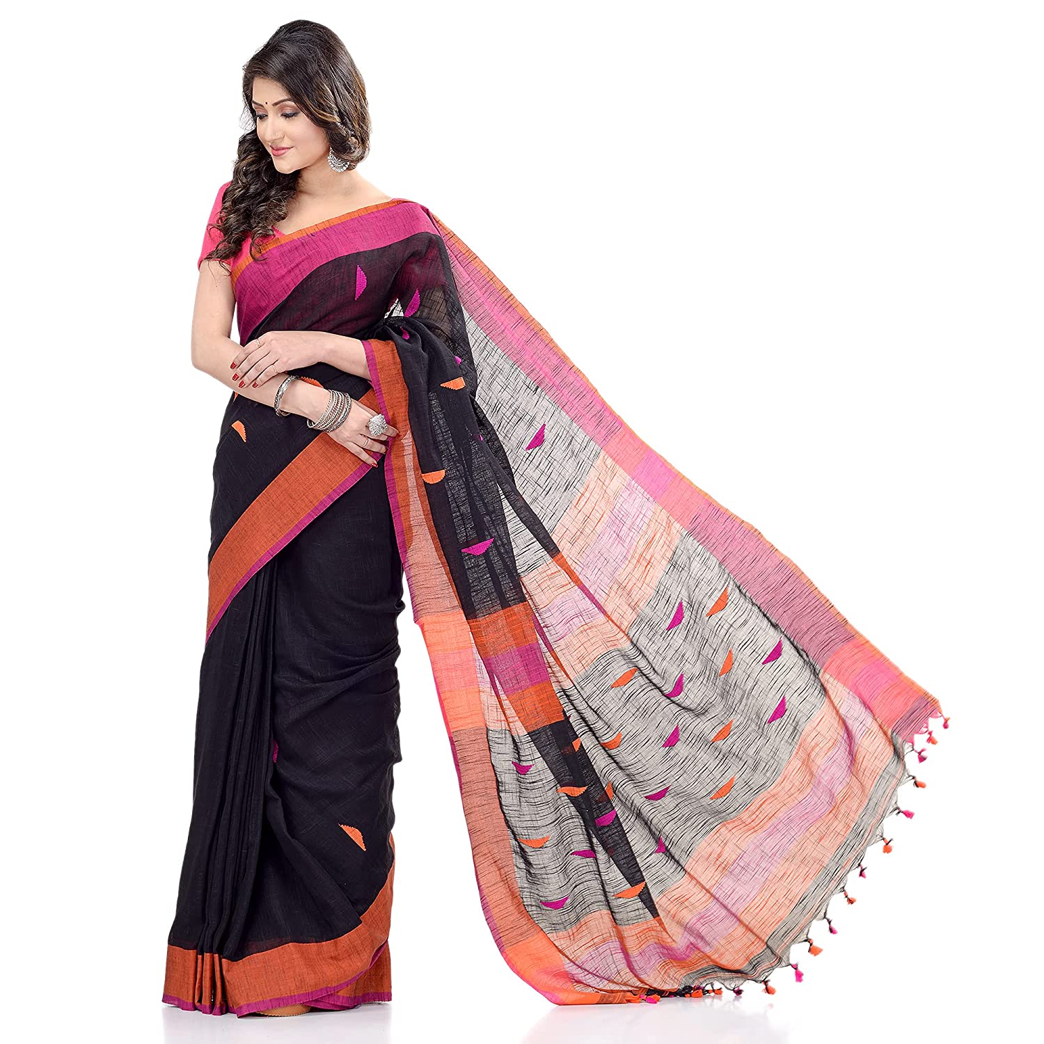 Half Silk Tangail Tant Saree For Women - Orange and Black - TTS-107