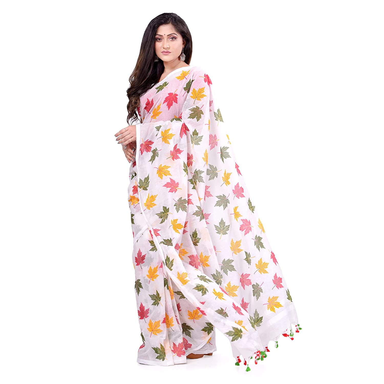 dB DESH BIDESH Women`s Traditional Soft Mulmul Maple Leaf Design Bengal Handloom Pure Cotton Saree Without Blouse Piece Red Yellow Green