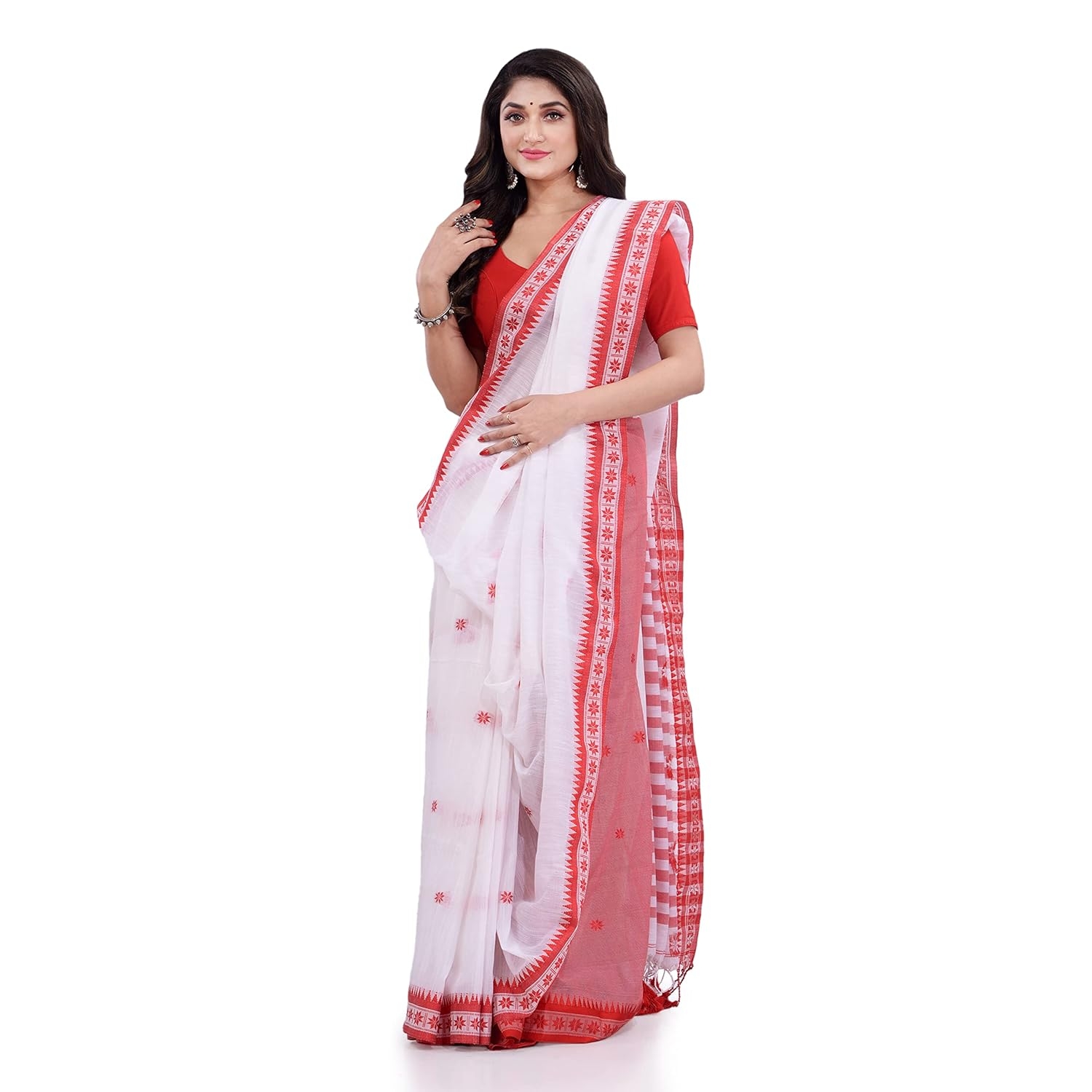 dB DESH BIDESH Women`s Traditional Bengali Tant Handloom Cotton Saree Galaxi Design With Blouse Piece