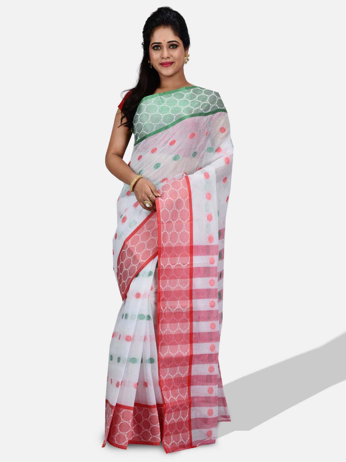 Pure Cotton Tricolour Saree – Cotton Handloom in Red White Green colour