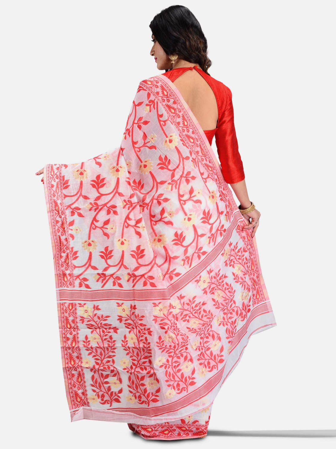 Handloom Jamdani Saree - Red and White - ArtisanSoul