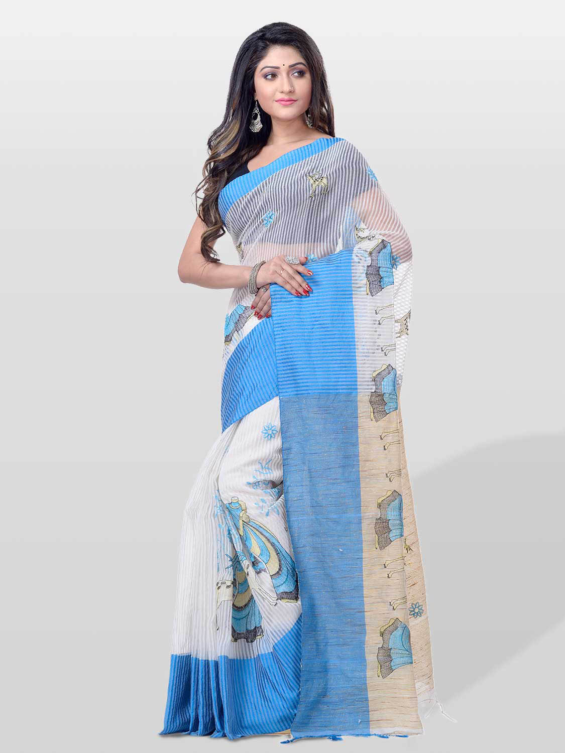 Soft Bengal Handwoven Khadi Cotton Saree - Blue & Green