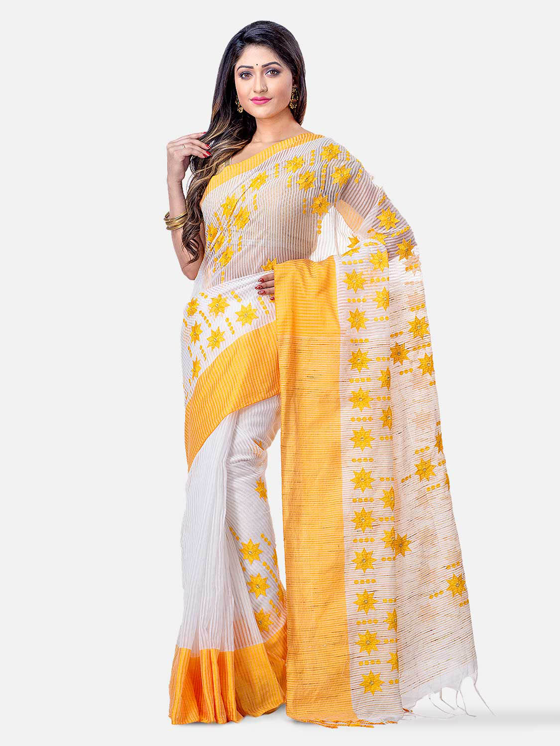 White & Golden Silk blend polka dots handloom saree with blouse - LAA  CALCUTTA - 4212947