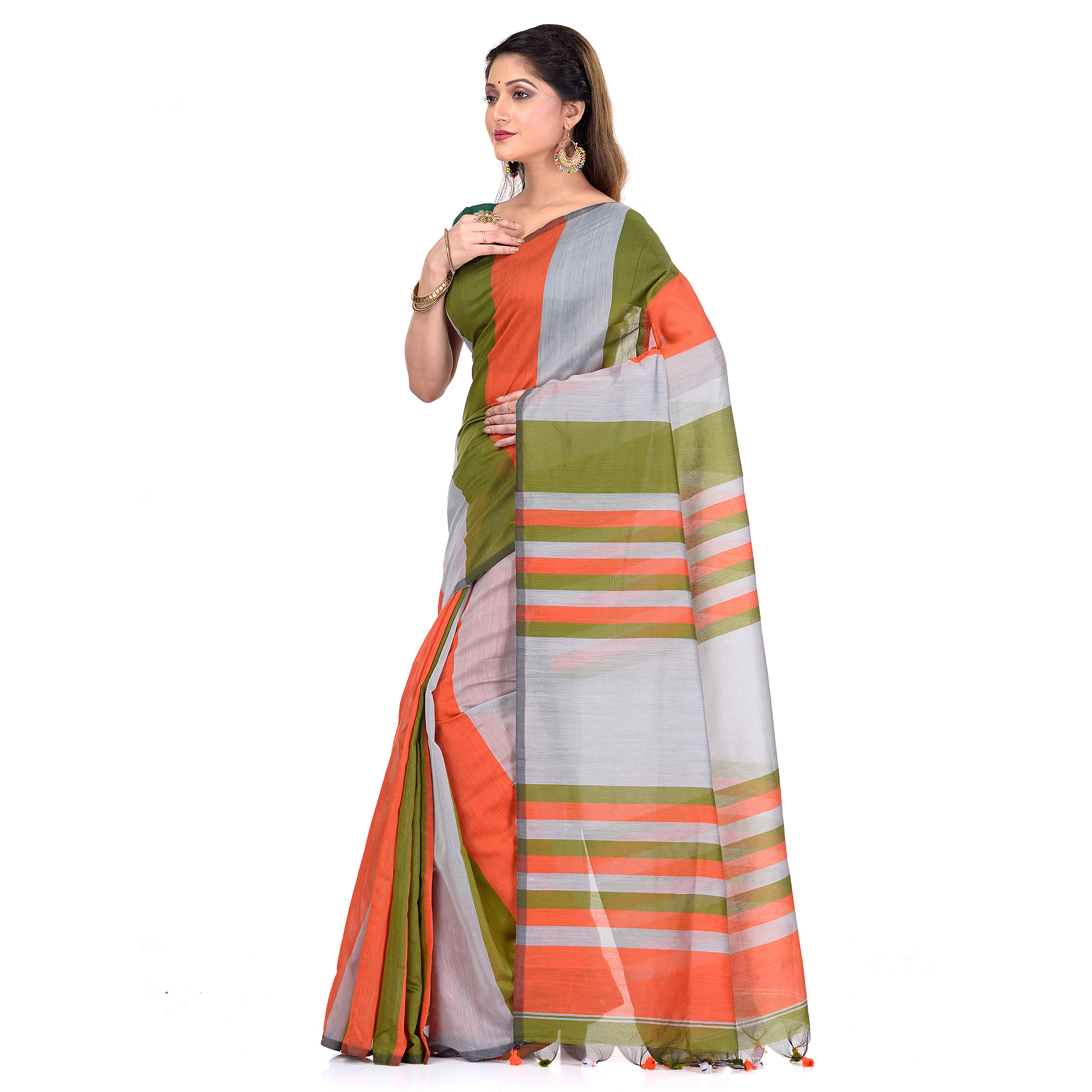 Multi Colored Woven Checks Border Ikkat Khadi Cotton Saree – WeaversIndia