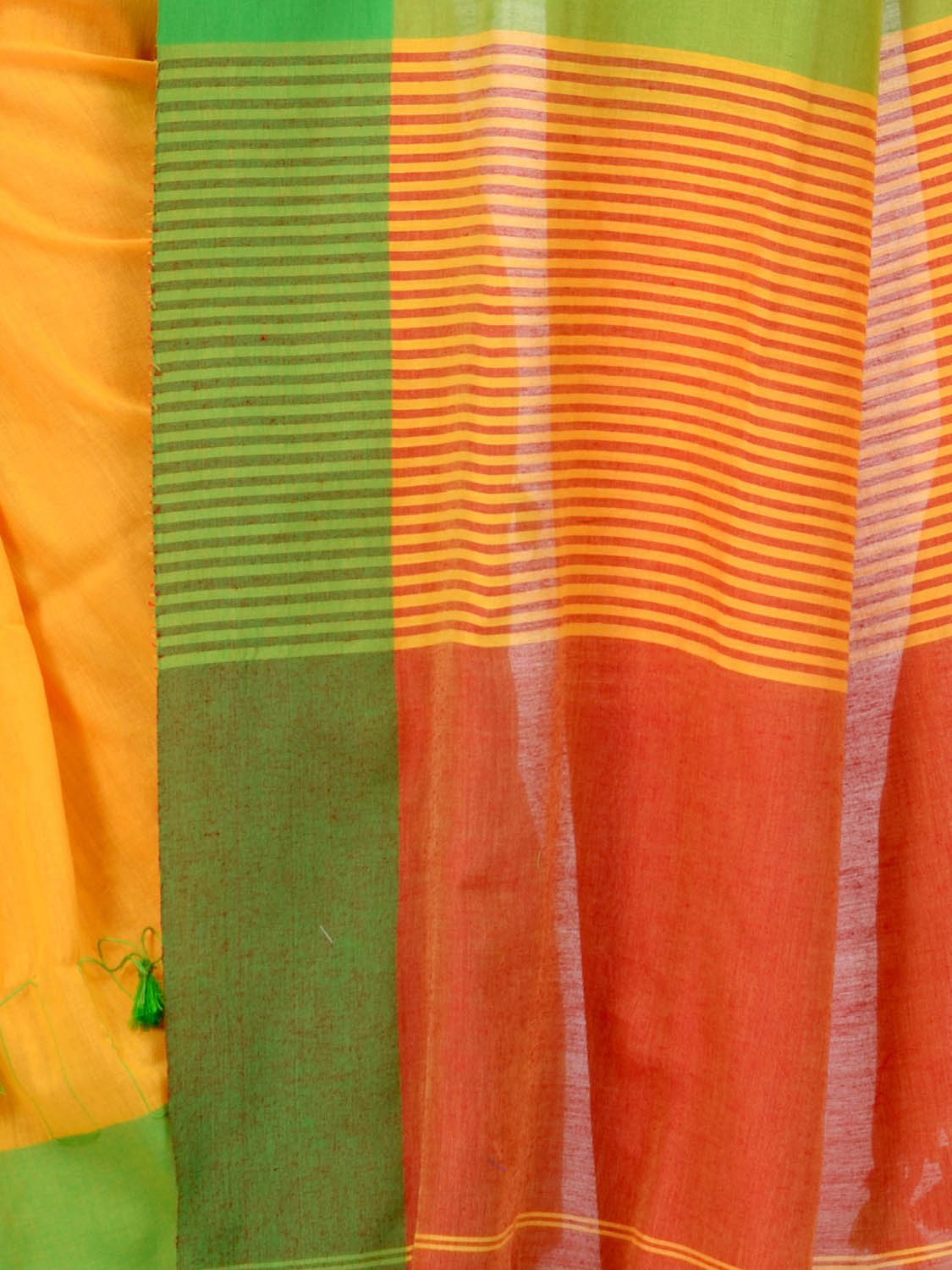 Yellow green Red Bengal Cotton Pom Pom Saree with Blouse | Buy Online